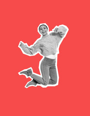 Happy jumping woman on white background