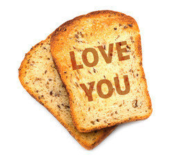 Slices of toasted bread on white background