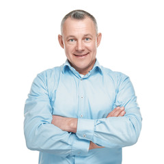 Portrait of handsome middle-aged man on white background