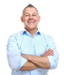 Portrait of handsome middle-aged man on white background