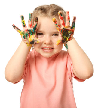 Funny Little Girl With Hands In Paint On White Background