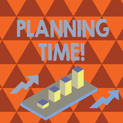 Conceptual hand writing showing Planning Time. Concept meaning Exercising mindful control of time spent on specific activity Clustered 3D Bar Chart Graph in Perspective with Two Arrows
