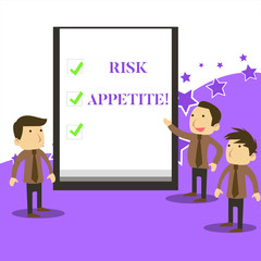 Handwriting text writing Risk Appetite. Conceptual photo the level of risk an organization is prepared to accept Business People Colleagues Discuss Missions Presentation Whiteboard Ticks