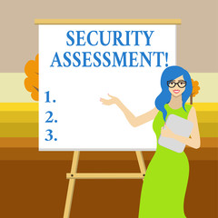 Text sign showing Security Assessment. Business photo text study to locate IT security vulnerabilities and risks White Female in Glasses Standing by Blank Whiteboard on Stand Presentation