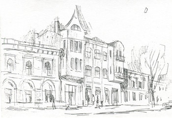 old houses in european city sketch