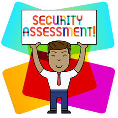 Conceptual hand writing showing Security Assessment. Concept meaning study to locate IT security vulnerabilities and risks Smily Man Standing Holding Placard Overhead with Both Hands