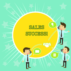 Text sign showing Sales Success. Business photo showcasing force to close more deals and increase margins Make more sales Businessmen Coworkers Conference Call Conversation Discussion Mobile Phones