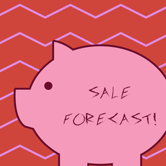 Word writing text Sale Forecast. Business photo showcasing the process of estimating future transactions or deals Fat huge pink pig plump like piggy bank with sharp ear and small round eye