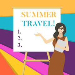 Word writing text Summer Travel. Business photo showcasing specific trip or journey usually for the purpose of recreation White Female in Glasses Standing by Blank Whiteboard on Stand Presentation