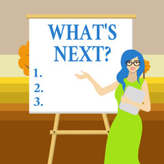 Text sign showing What S Is Nextquestion. Business photo text Uncertainty about the following plan or actions to do White Female in Glasses Standing by Blank Whiteboard on Stand Presentation