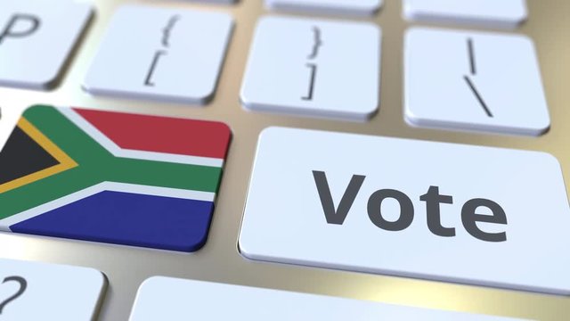 VOTE text and flag of South Africa on the buttons on the computer keyboard. Election related conceptual 3D animation