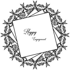 Invitation card with lettering happy engagement, vintage floral frame. Vector