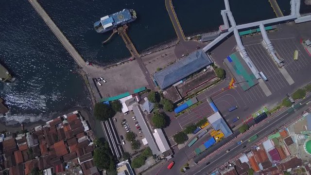 Aerial: The port area Ketapang - Gilimanuk, Ferry from Java to Bali island, Indonesia