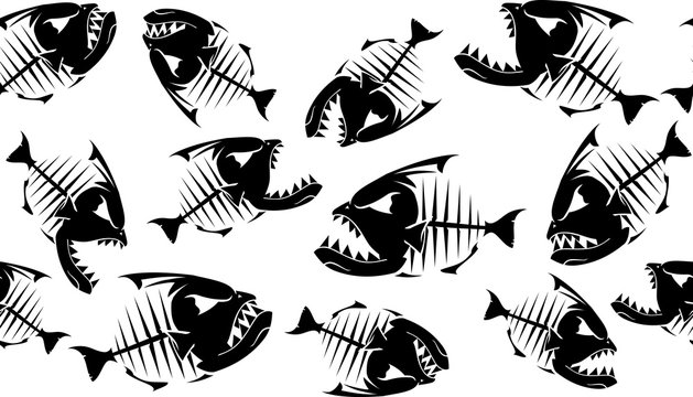 Angry Piranha Fish Bones, Pattern Background