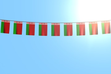nice any celebration flag 3d illustration. - many Belarus flags or banners hangs on string on blue sky background