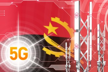 Angola 5G industrial illustration, huge cellular network mast or tower on digital background with the flag - 3D Illustration