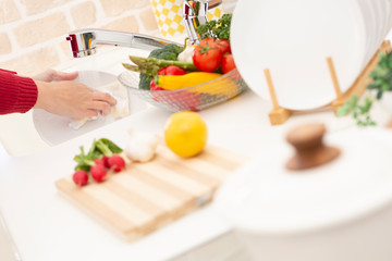 食器を洗う女性
