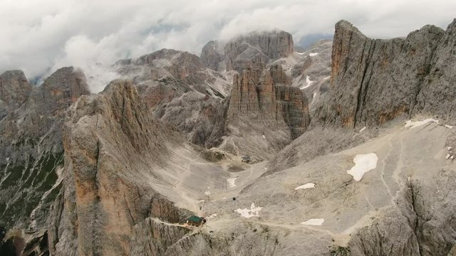 Santner Pass and Re Alberto 1 refuges in Rosengarten Dolomites Italy
