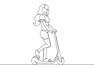 Obraz premium continuous single drawn line art doodle girl, scooter