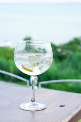 a drink served in a bar, gin and tonic, appears in a dirty wineglass
