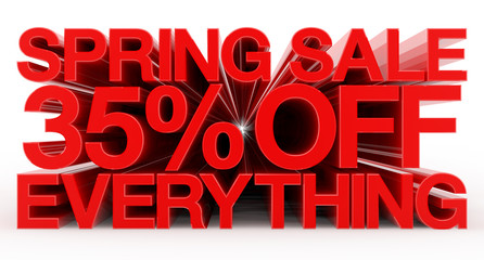 SPRING SALE 35 % OFF EVERYTHING red word on white background illustration 3D rendering