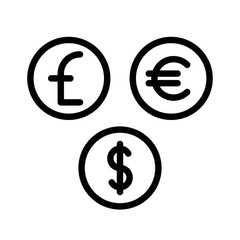 coins of pound dollar and euro editable outline icon in business and investment.