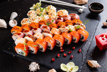 sushi set on the black background