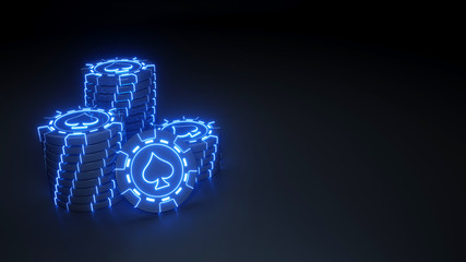 Casino chip stacks spades Concept with glowing neon blue lights on the black background - 3D Illustration  © Mikheil