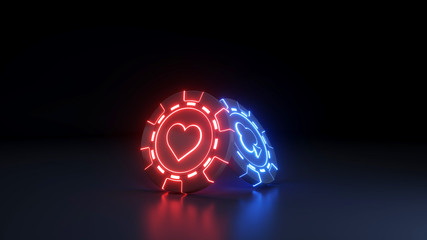 Casino Chips hearts and clubs Concept with glowing neon lights on the black background - 3D Illustration