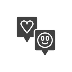 Speech bubbles with heart and smiley vector icon. filled flat sign for mobile concept and web design. Satisfaction, positive feedback glyph icon. Symbol, logo illustration. Vector graphics