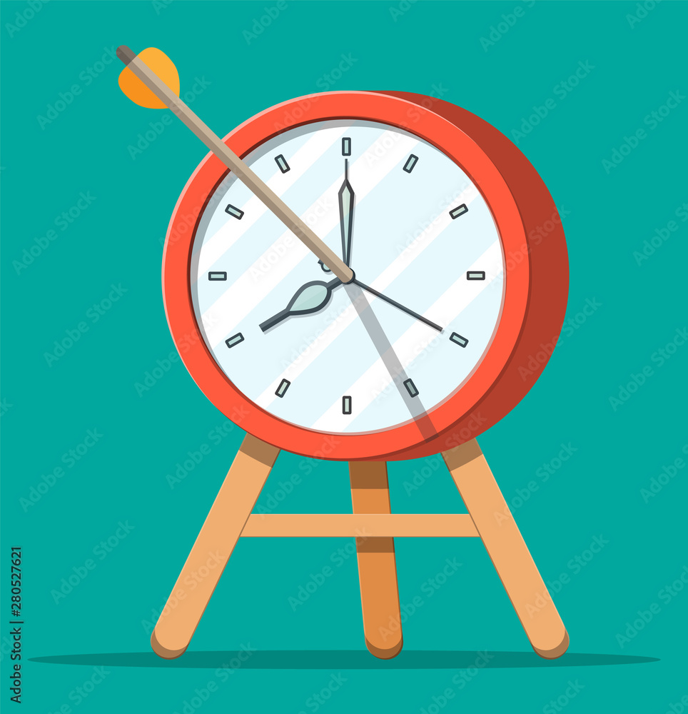 Poster target with bow arrow and clock. time management, planning, business targeting and smart solutions. 