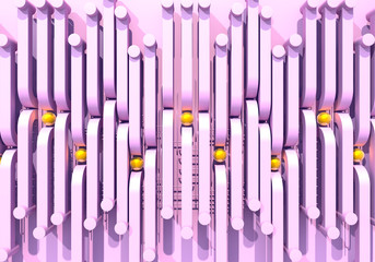 Abstract background with pink square pipes and shiny golden balls