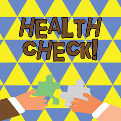 Writing note showing Health Check. Business concept for examination to determine whether demonstrating suffering from illness Hands Holding Jigsaw Puzzle Pieces about Interlock the Tiles