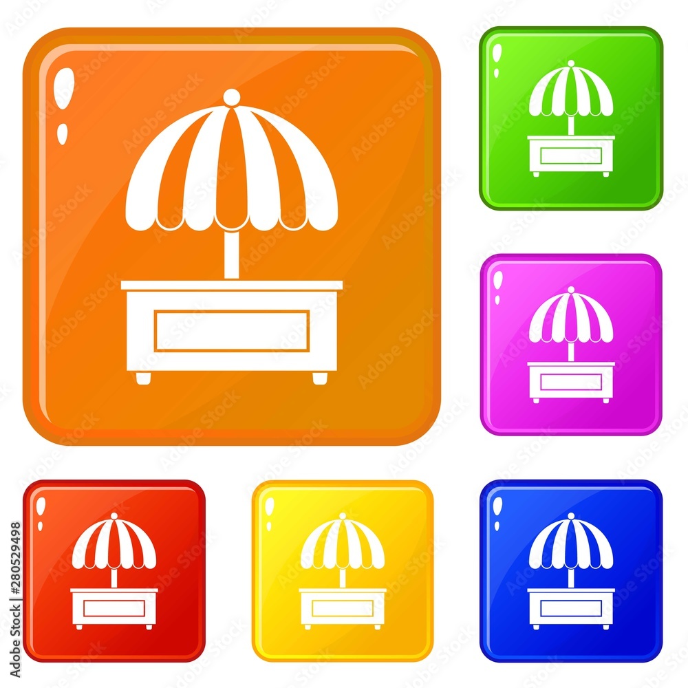 Poster shopping counter with umbrella icons set collection vector 6 color isolated on white background