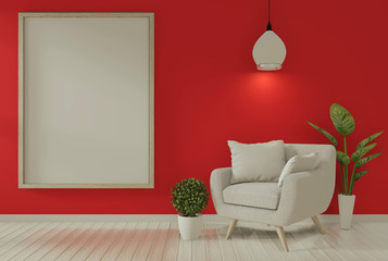 Interior mock up poster frame and armchair in living room mock up design. 3D rendering.