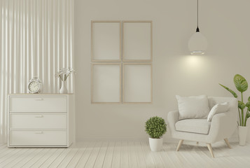 Fototapeta na wymiar Interior mock up poster frame and armchair in living room mock up design. 3D rendering.