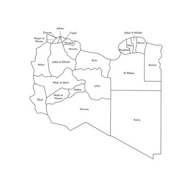 Vector isolated illustration of simplified administrative map of Libya. Borders and names of the districts (regions). Black line silhouettes