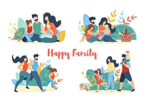 Happy Family Summer Banner Set. Picnic, Walking