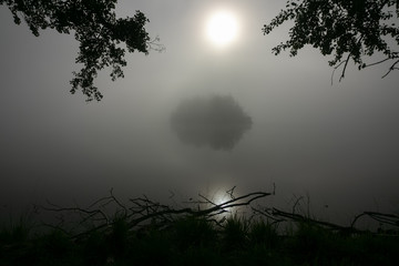 misty morning lake view, condolences card, obituary