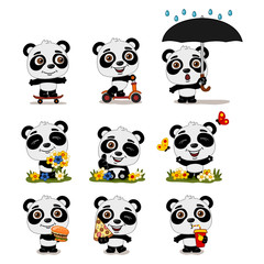 Set of cute Panda bears in cartoon style in different poses - skating, summer meadow, fast food