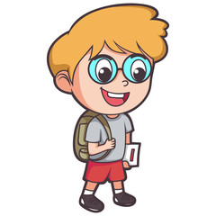 funny cartoon little boy ready to go school