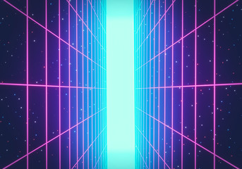 80s Retro Futurism Sci-Fi Background. glowing vertical neon grid. banner, poster. 3d rendering - obrazy, fototapety, plakaty