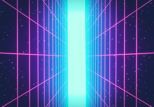80s Retro Futurism Sci-Fi Background. glowing vertical neon grid. banner, poster. 3d rendering