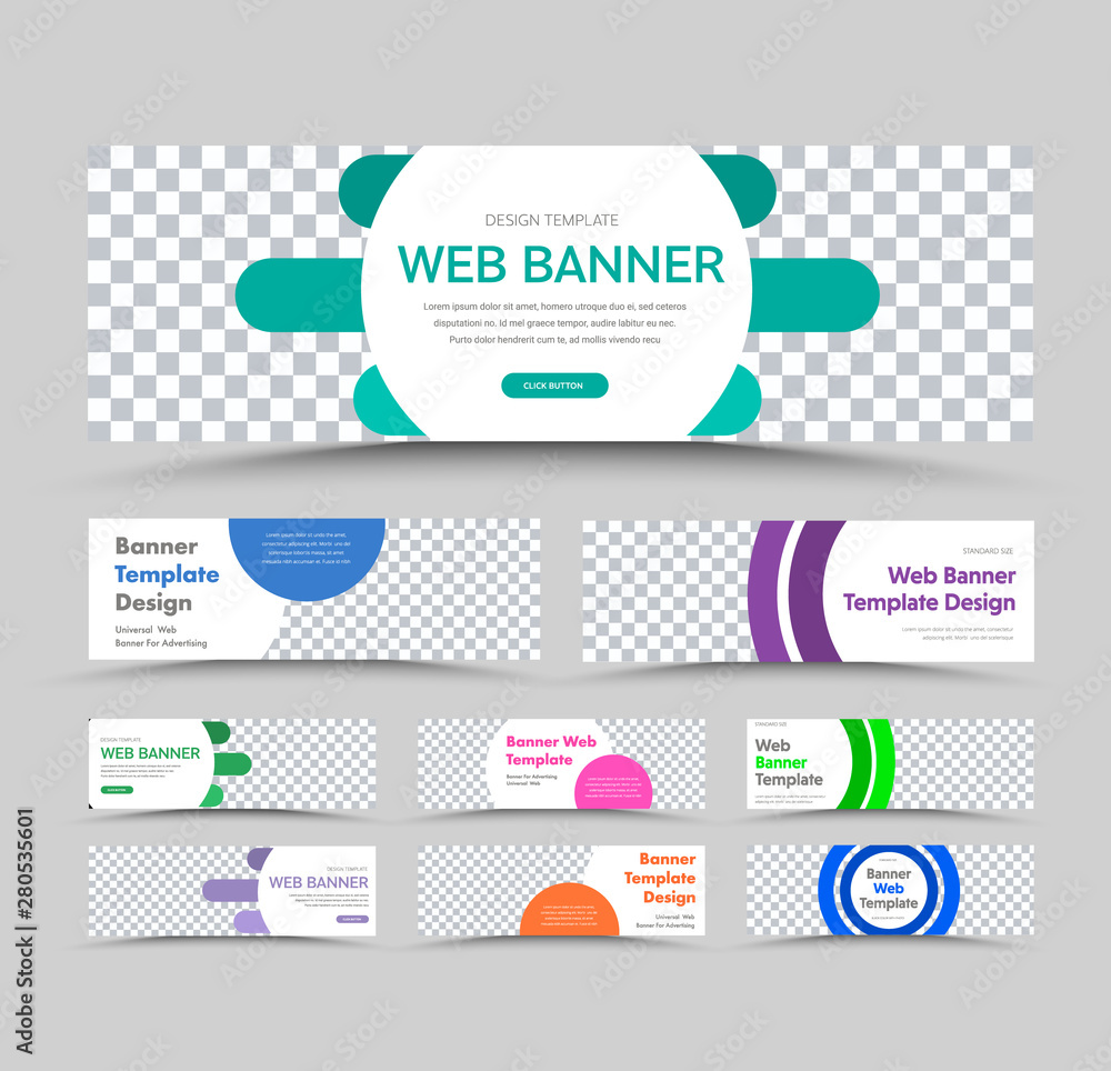 Poster Big set of vector templates of white horizontal web banners with circular color design elements and a place for an image.