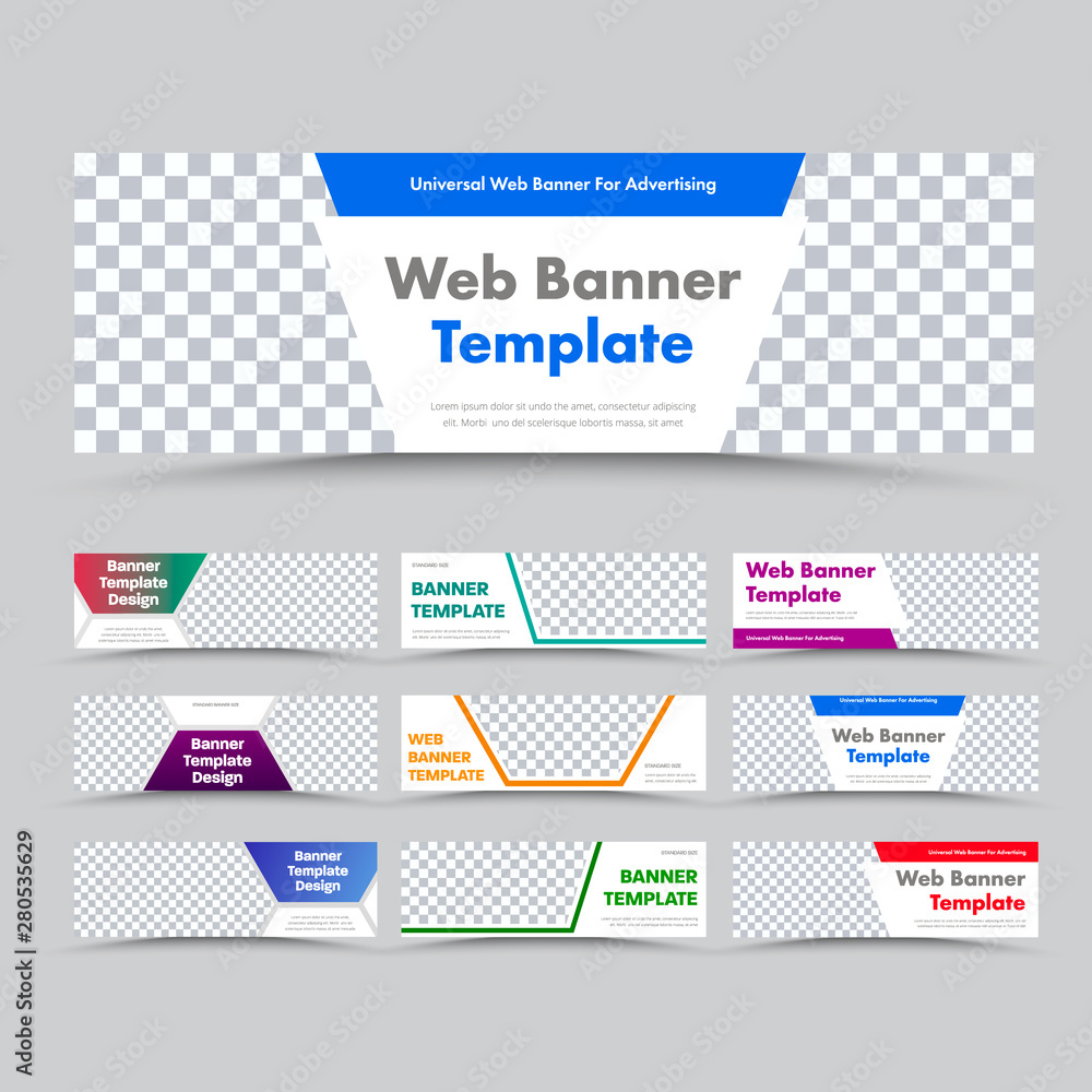 Poster Templates of horizontal white modern web banners with place for image and color different shapes for text.