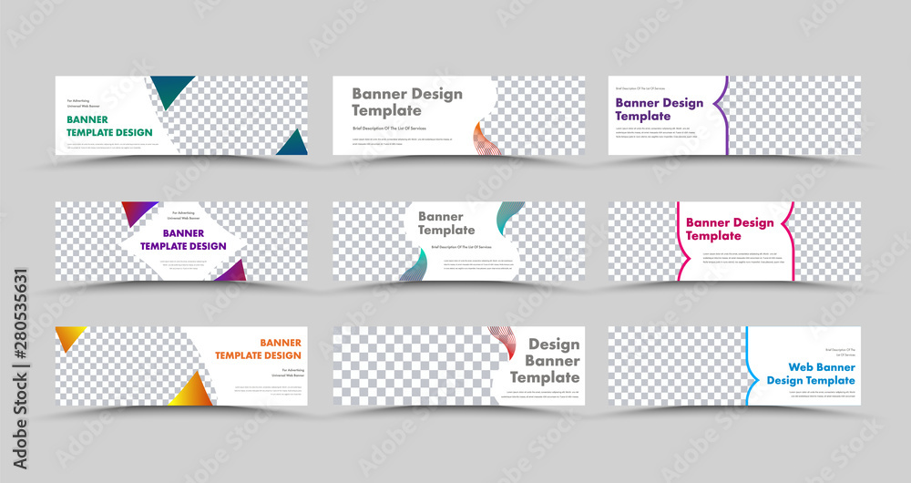 Poster Large set of horizontal vector white web banners with place for your image and color different shapes for text.