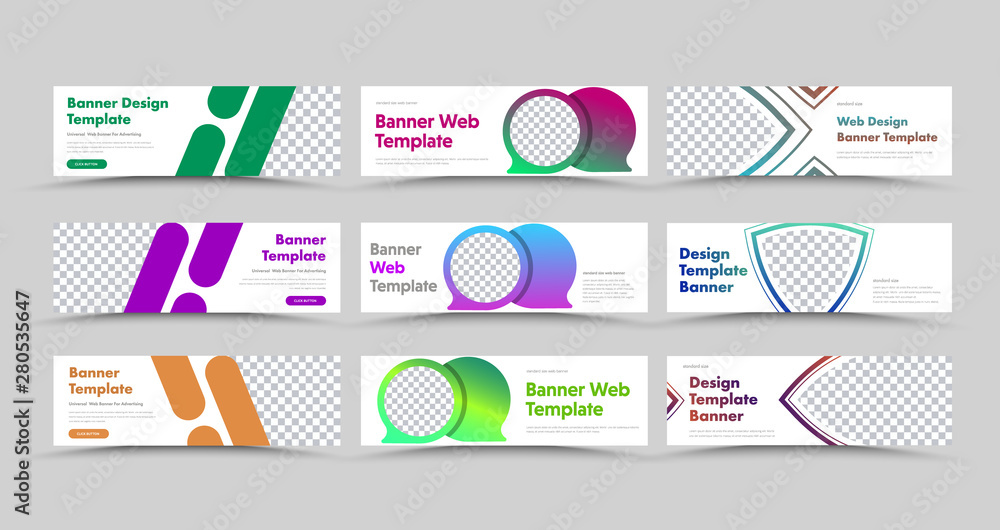 Poster Universal set of horizontal white web banners with place for photo and color different design elements.