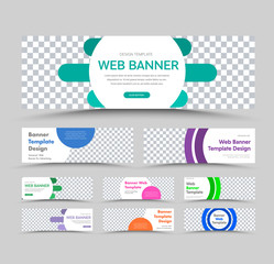 Big set of vector templates of white horizontal web banners with circular color design elements and a place for an image.