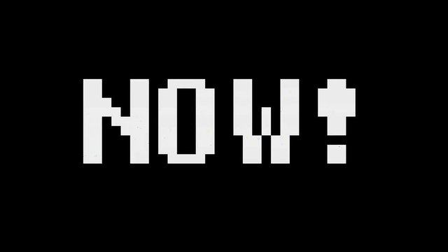 Glitched transmission, distorted noisy signal with the text NOW. Holographic glitch interference noise screen animation.
