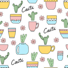Cute seamless pattern designe. Green tropical cactus in a pot. Gardening. Hand draw illustration on white background. Summer time. Spring is coming.